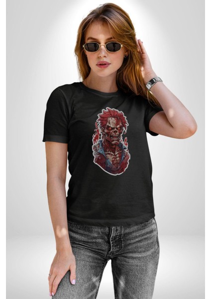 Zombi Kırmızı The Walking Dead Kadın Erkek Unisex Siyah Organik Baskılı T-Shirt Penye Yüksek Kalite