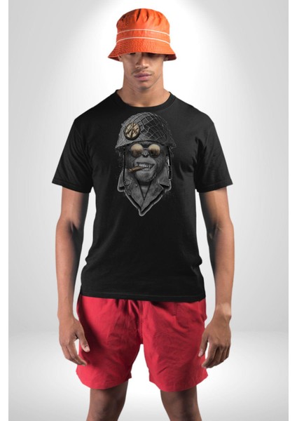 Asker Goril Komutan Kadın Erkek Unisex Siyah Organik Baskılı T-Shirt Penye Yüksek Kalite fiyatları
