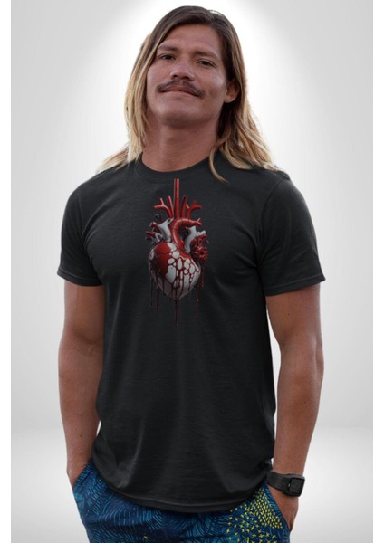 Kırmızı Siyah Kalp Toplar Damar Kadın Erkek Unisex Siyah Organik Baskılı T-Shirt Penye Yüksek Kalite modelleri