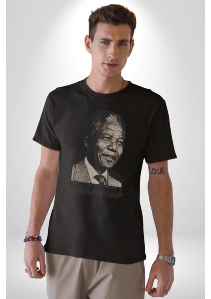 Nelson Mandela Kadın Erkek Unisex Siyah Organik Baskılı T-Shirt Penye Yüksek Kalite