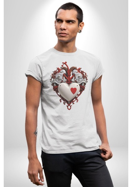 Robot Kalp Atardamar Kadın Erkek Unisex Beyaz Organik Baskılı T-Shirt Penye Yüksek Kalite