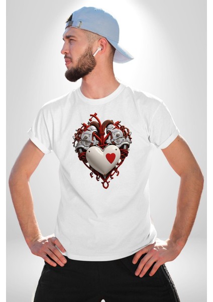 Robot Kalp Atardamar Kadın Erkek Unisex Beyaz Organik Baskılı T-Shirt Penye Yüksek Kalite modelleri