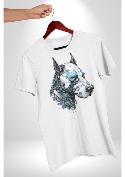 Robot Cyborg Köpek Doberman Kadın Erkek Unisex Beyaz Organik Baskılı T-Shirt Penye Yüksek Kalite modelleri