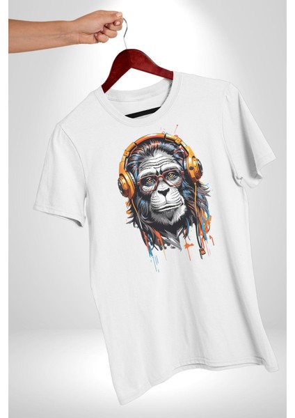 Kulaklık Maymun Müzik Dinliyor Kadın Erkek Unisex Beyaz Organik Baskılı T-Shirt Penye Yüksek Kalite fiyatları