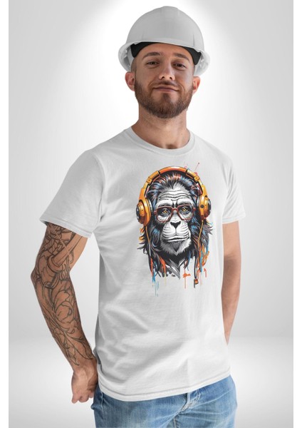 Kulaklık Maymun Müzik Dinliyor Kadın Erkek Unisex Beyaz Organik Baskılı T-Shirt Penye Yüksek Kalite indirimleri