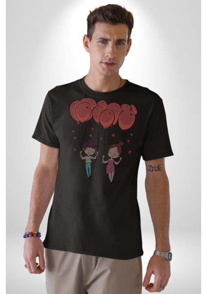 Sevgili Balon Aşk Salıncak Sevgililer Günü Kadın Erkek Unisex Siyah Organik Baskılı T-Shirt Penye Yüksek Kalite