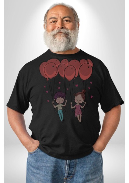 Sevgili Balon Aşk Salıncak Sevgililer Günü Kadın Erkek Unisex Siyah Organik Baskılı T-Shirt Penye Yüksek Kalite