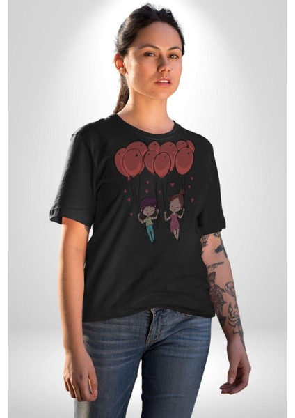 Sevgili Balon Aşk Salıncak Sevgililer Günü Kadın Erkek Unisex Siyah Organik Baskılı T-Shirt Penye Yüksek Kalite