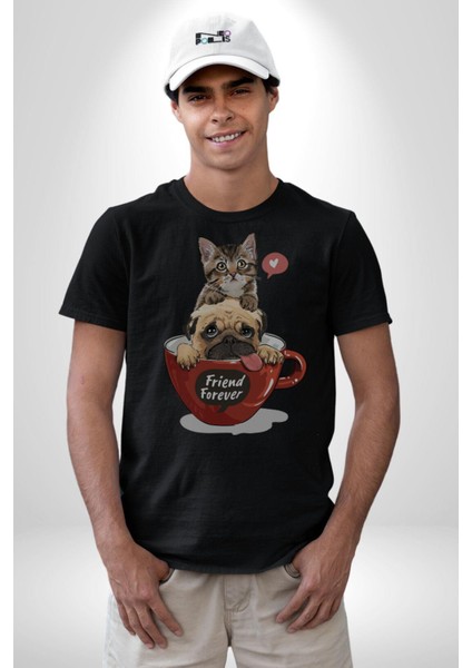 Kedi ve Köpek Sonsuzadek Arkadaşız Kadın Erkek Unisex Siyah Organik Baskılı T-Shirt Penye Yüksek Kalite