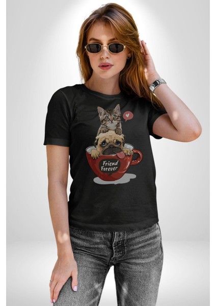Kedi ve Köpek Sonsuzadek Arkadaşız Kadın Erkek Unisex Siyah Organik Baskılı T-Shirt Penye Yüksek Kalite indirimleri