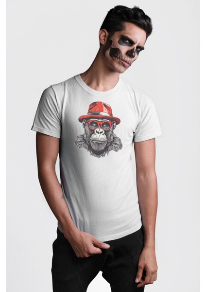 Kırmızı Şapkalı Gözlüklü Maymun Kadın Erkek Unisex Beyaz Organik Baskılı T-Shirt Penye Yüksek Kalite