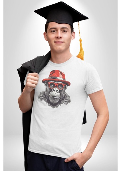 Kırmızı Şapkalı Gözlüklü Maymun Kadın Erkek Unisex Beyaz Organik Baskılı T-Shirt Penye Yüksek Kalite modelleri