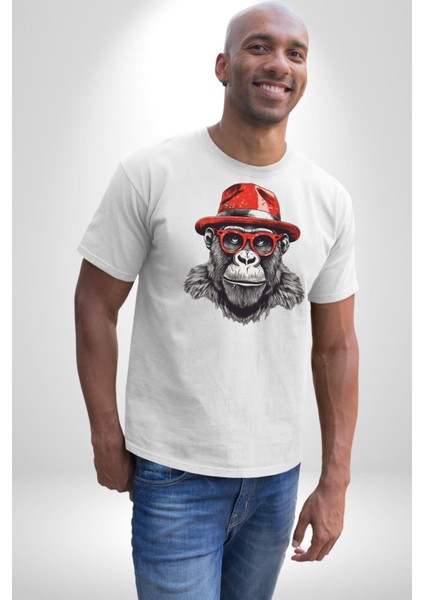 Kırmızı Şapkalı Gözlüklü Maymun Kadın Erkek Unisex Beyaz Organik Baskılı T-Shirt Penye Yüksek Kalite fırsatları