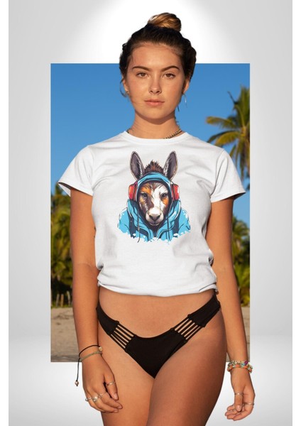 Kulaklıklı Eşşek Müzik Dinlerken Kadın Erkek Unisex Beyaz Organik Baskılı T-Shirt Penye Yüksek Kalite