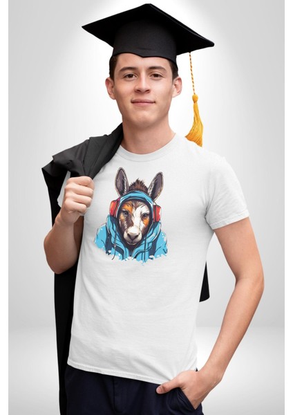Kulaklıklı Eşşek Müzik Dinlerken Kadın Erkek Unisex Beyaz Organik Baskılı T-Shirt Penye Yüksek Kalite fiyatları