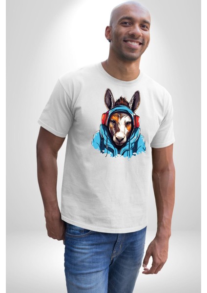 Kulaklıklı Eşşek Müzik Dinlerken Kadın Erkek Unisex Beyaz Organik Baskılı T-Shirt Penye Yüksek Kalite modelleri