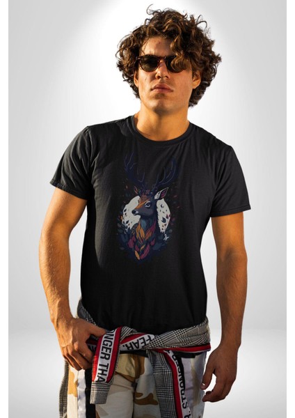 Geyik Kafası Yapraklar Kadın Erkek Unisex Siyah Organik Baskılı T-Shirt Penye Yüksek Kalite