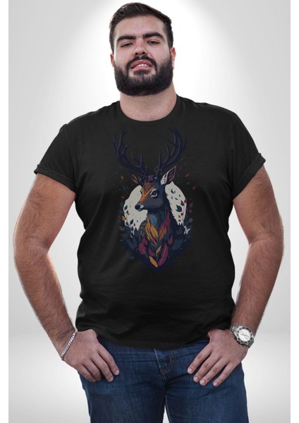 Geyik Kafası Yapraklar Kadın Erkek Unisex Siyah Organik Baskılı T-Shirt Penye Yüksek Kalite modelleri