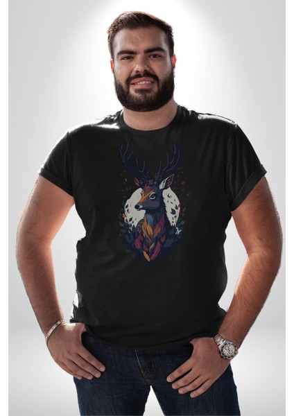 Geyik Kafası Yapraklar Kadın Erkek Unisex Siyah Organik Baskılı T-Shirt Penye Yüksek Kalite indirimleri