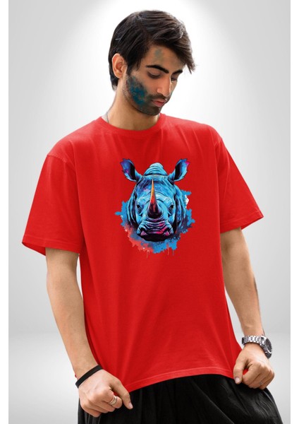 Su Aygırı Hipopotamo Renkli Pamuklu Bisiklet Yaka Kadın Erkek Oversize Boyfriend Dijital Baskılı Kırmızı T-Shirt fırsatları