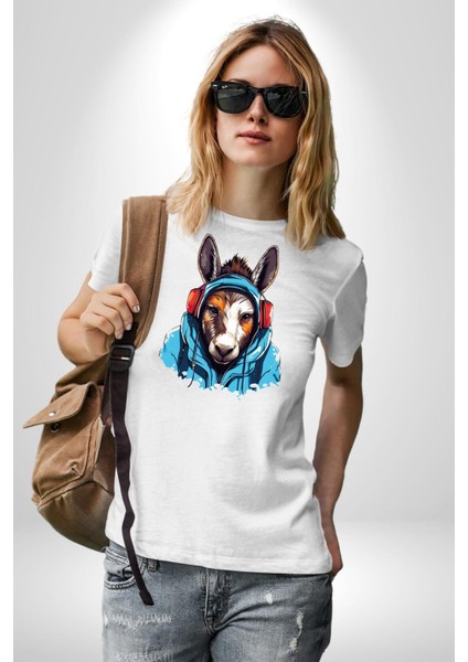 Kulaklıklı Eşşek Müzik Dinlerken Kadın Erkek Unisex Beyaz Organik Baskılı T-Shirt Penye Yüksek Kalite fırsatları
