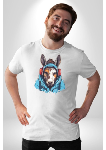 Kulaklıklı Eşşek Müzik Dinlerken Kadın Erkek Unisex Beyaz Organik Baskılı T-Shirt Penye Yüksek Kalite indirimleri