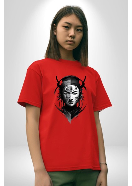 Asyalı Samuray Siyah Beyaz Dövmeli Çift Yüz Pamuklu Bisiklet Yaka Kadın Erkek Oversize Boyfriend Dijital Baskılı Kırmızı T-Shirt