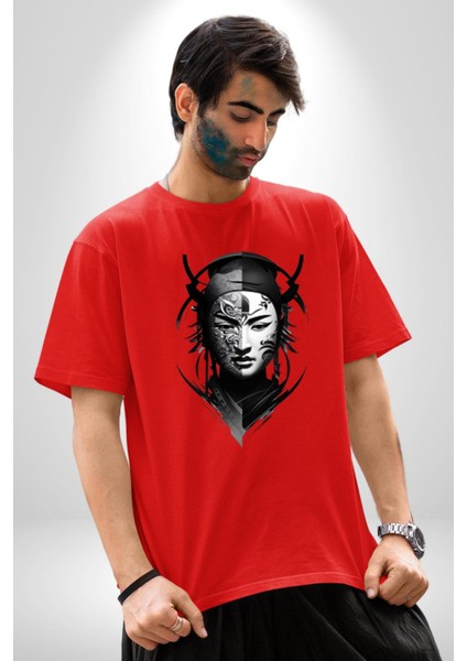 Asyalı Samuray Siyah Beyaz Dövmeli Çift Yüz Pamuklu Bisiklet Yaka Kadın Erkek Oversize Boyfriend Dijital Baskılı Kırmızı T-Shirt fiyatları