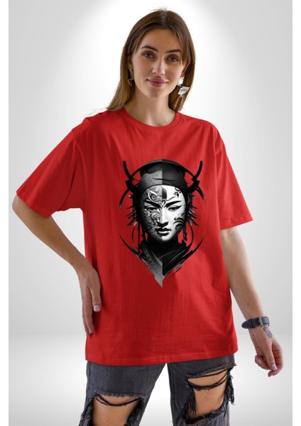 Asyalı Samuray Siyah Beyaz Dövmeli Çift Yüz Pamuklu Bisiklet Yaka Kadın Erkek Oversize Boyfriend Dijital Baskılı Kırmızı T-Shirt modelleri