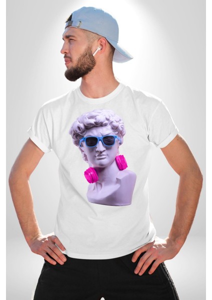Kulaklık Gözlük Pop Art Heykel Kadın Erkek Unisex Beyaz Organik Baskılı T-Shirt Penye Yüksek Kalite