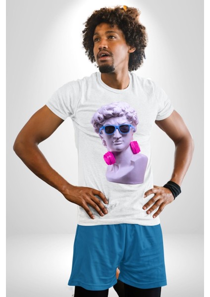Kulaklık Gözlük Pop Art Heykel Kadın Erkek Unisex Beyaz Organik Baskılı T-Shirt Penye Yüksek Kalite fiyatları