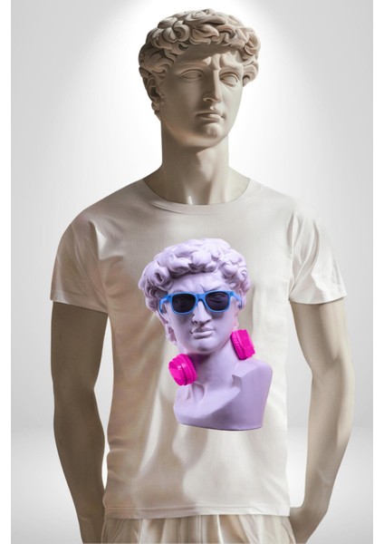 Kulaklık Gözlük Pop Art Heykel Kadın Erkek Unisex Beyaz Organik Baskılı T-Shirt Penye Yüksek Kalite modelleri