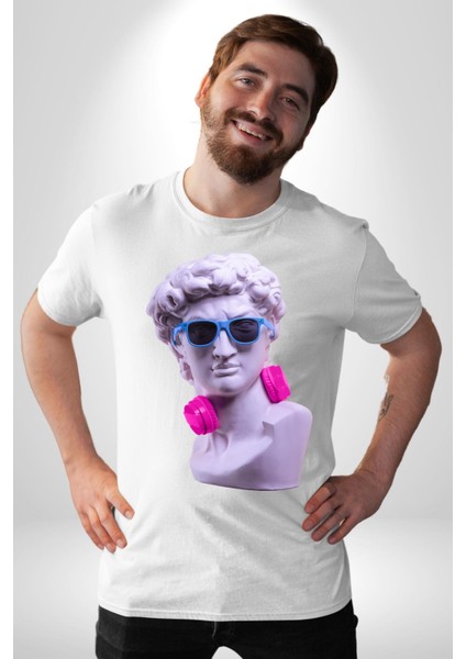 Kulaklık Gözlük Pop Art Heykel Kadın Erkek Unisex Beyaz Organik Baskılı T-Shirt Penye Yüksek Kalite fırsatları