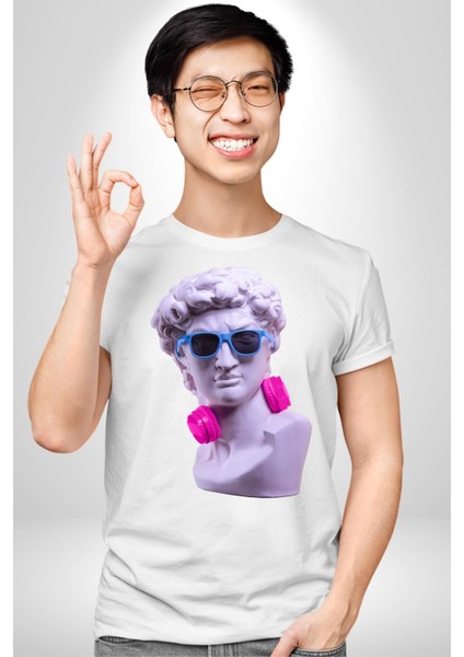 Kulaklık Gözlük Pop Art Heykel Kadın Erkek Unisex Beyaz Organik Baskılı T-Shirt Penye Yüksek Kalite indirimleri