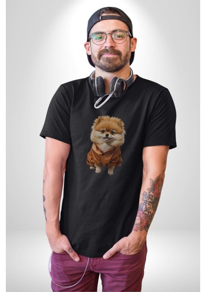 Teacup Pomernian Çeket Kadın Erkek Unisex Siyah Organik Baskılı T-Shirt Penye Yüksek Kalite