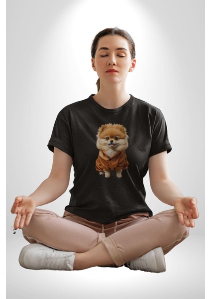 Teacup Pomernian Çeket Kadın Erkek Unisex Siyah Organik Baskılı T-Shirt Penye Yüksek Kalite