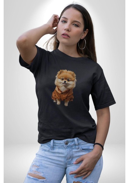 Teacup Pomernian Çeket Kadın Erkek Unisex Siyah Organik Baskılı T-Shirt Penye Yüksek Kalite