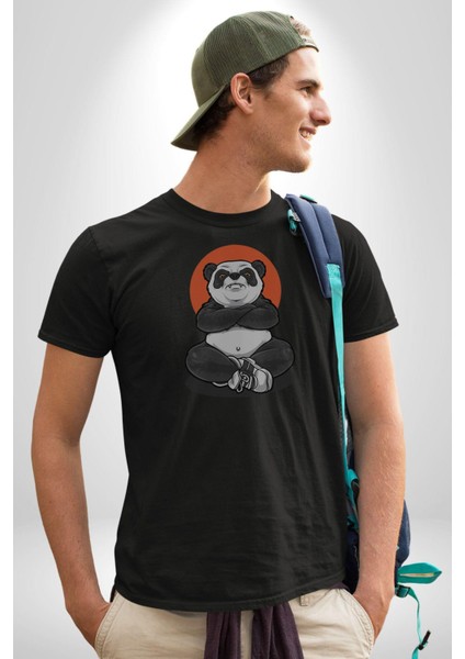 Yoga Panda Kadın Erkek Unisex Siyah Organik Baskılı T-Shirt Penye Yüksek Kalite