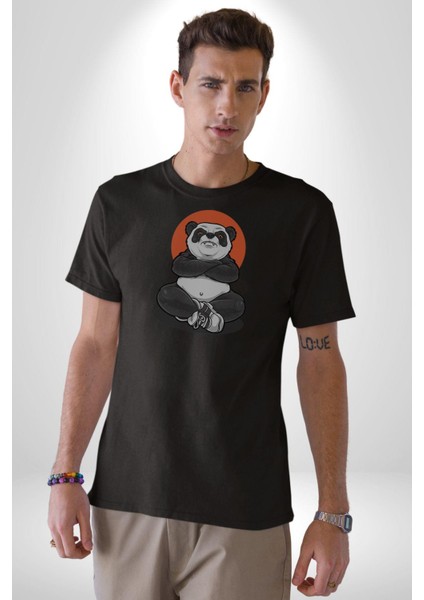 Yoga Panda Kadın Erkek Unisex Siyah Organik Baskılı T-Shirt Penye Yüksek Kalite