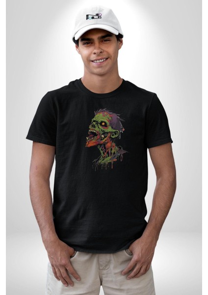 Zombi Kafası Kadın Erkek Unisex Siyah Organik Baskılı T-Shirt Penye Yüksek Kalite