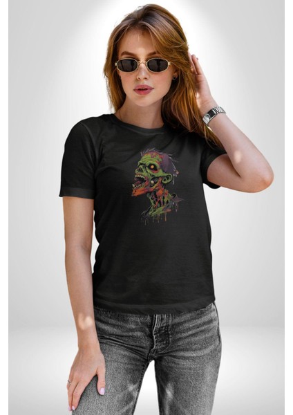 Zombi Kafası Kadın Erkek Unisex Siyah Organik Baskılı T-Shirt Penye Yüksek Kalite