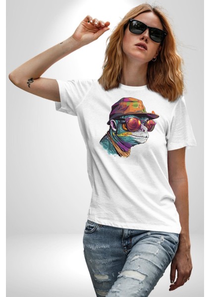 Gözlük Şapka Mukalemun Kadın Erkek Unisex Beyaz Organik Baskılı T-Shirt Penye Yüksek Kalite