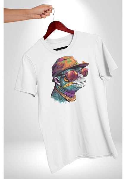 Gözlük Şapka Mukalemun Kadın Erkek Unisex Beyaz Organik Baskılı T-Shirt Penye Yüksek Kalite fiyatları