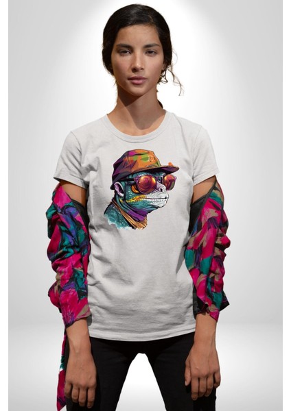 Gözlük Şapka Mukalemun Kadın Erkek Unisex Beyaz Organik Baskılı T-Shirt Penye Yüksek Kalite modelleri