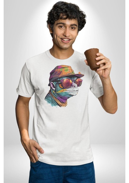 Gözlük Şapka Mukalemun Kadın Erkek Unisex Beyaz Organik Baskılı T-Shirt Penye Yüksek Kalite fırsatları