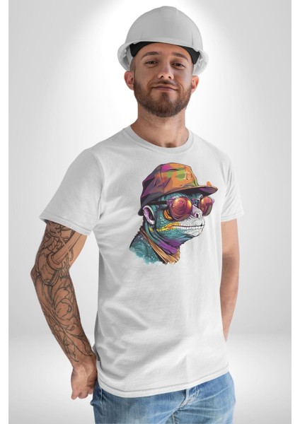 Gözlük Şapka Mukalemun Kadın Erkek Unisex Beyaz Organik Baskılı T-Shirt Penye Yüksek Kalite indirimleri