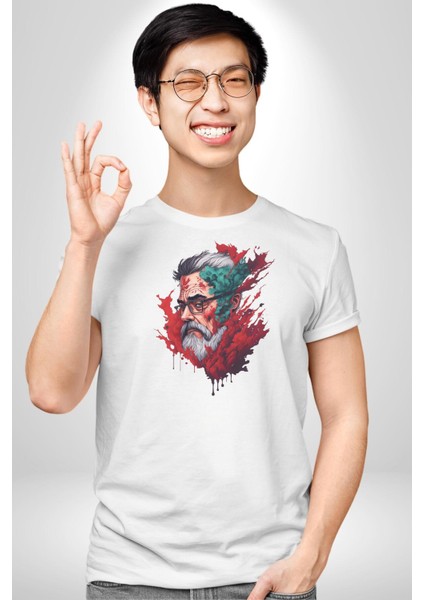 Santa Cool Gözlüklü Kadın Erkek Unisex Beyaz Organik Baskılı T-Shirt Penye Yüksek Kalite modelleri