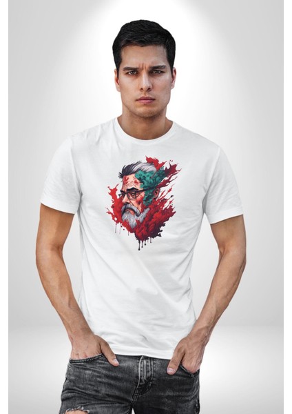 Santa Cool Gözlüklü Kadın Erkek Unisex Beyaz Organik Baskılı T-Shirt Penye Yüksek Kalite indirimleri