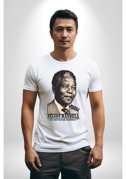 Nelson Mandela Kadın Erkek Unisex Beyaz Organik Baskılı T-Shirt Penye Yüksek Kalite