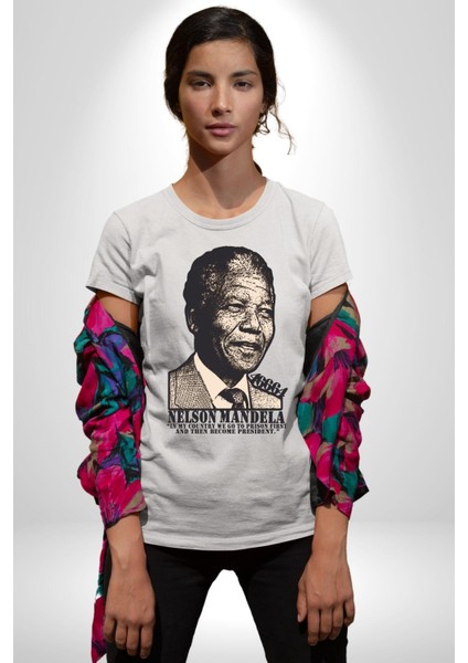 Nelson Mandela Kadın Erkek Unisex Beyaz Organik Baskılı T-Shirt Penye Yüksek Kalite fiyatları